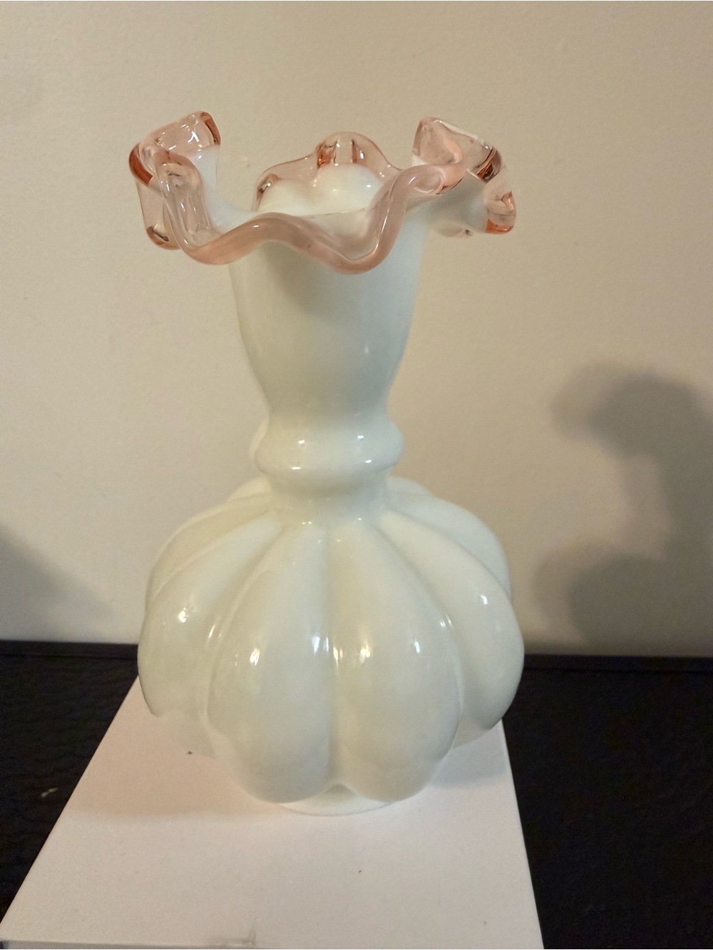 Siver crest Fenton White Milk Glass Vase Pink Interior Ruffled Edge